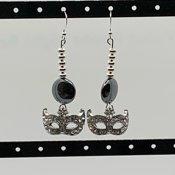 Handcrafted Women’s Earrings Hematite Disc Silvertone Spirals Rhinestone Mask - Picture 3 of 5